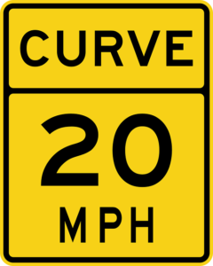 curve sign, 20 mph
